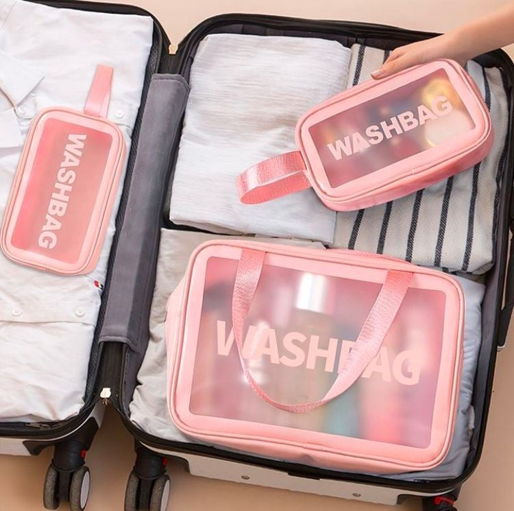 Pink Transparent Travel Cosmetic Bag Set