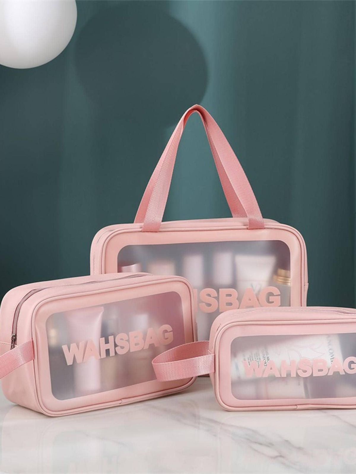Pink Transparent Travel Cosmetic Bag Set