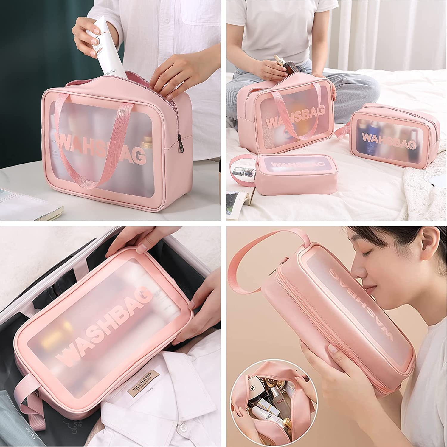 Pink Transparent Travel Cosmetic Bag Set